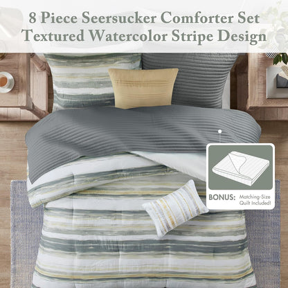 Marina Comforter Quilt Combo Set - Modern Luxury Design, All Season Down Alternative Bedding, Matching Shams, Decorative Pillows, King/Cal King(104"x92"), Yellow 8 Piece