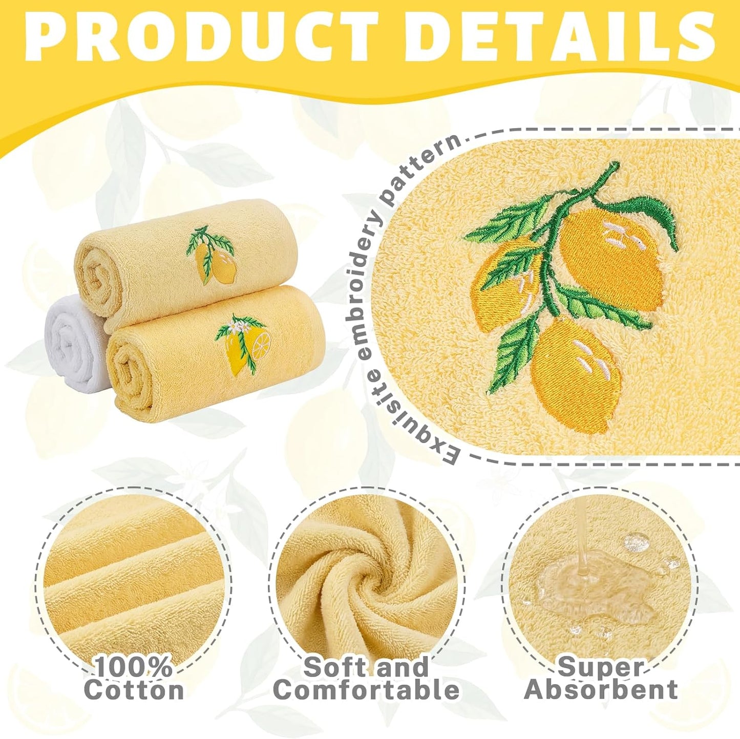 3 Pcs Summer Lemon Hand Towels for Bathroom Yellow Lemon Farmhouse Bathroom Decor 14x29 Inch Cotton Embroidered Decorative Guest Hand Towels Soft Absorbent Kitchen Towel for Home Room Decor Gifts
