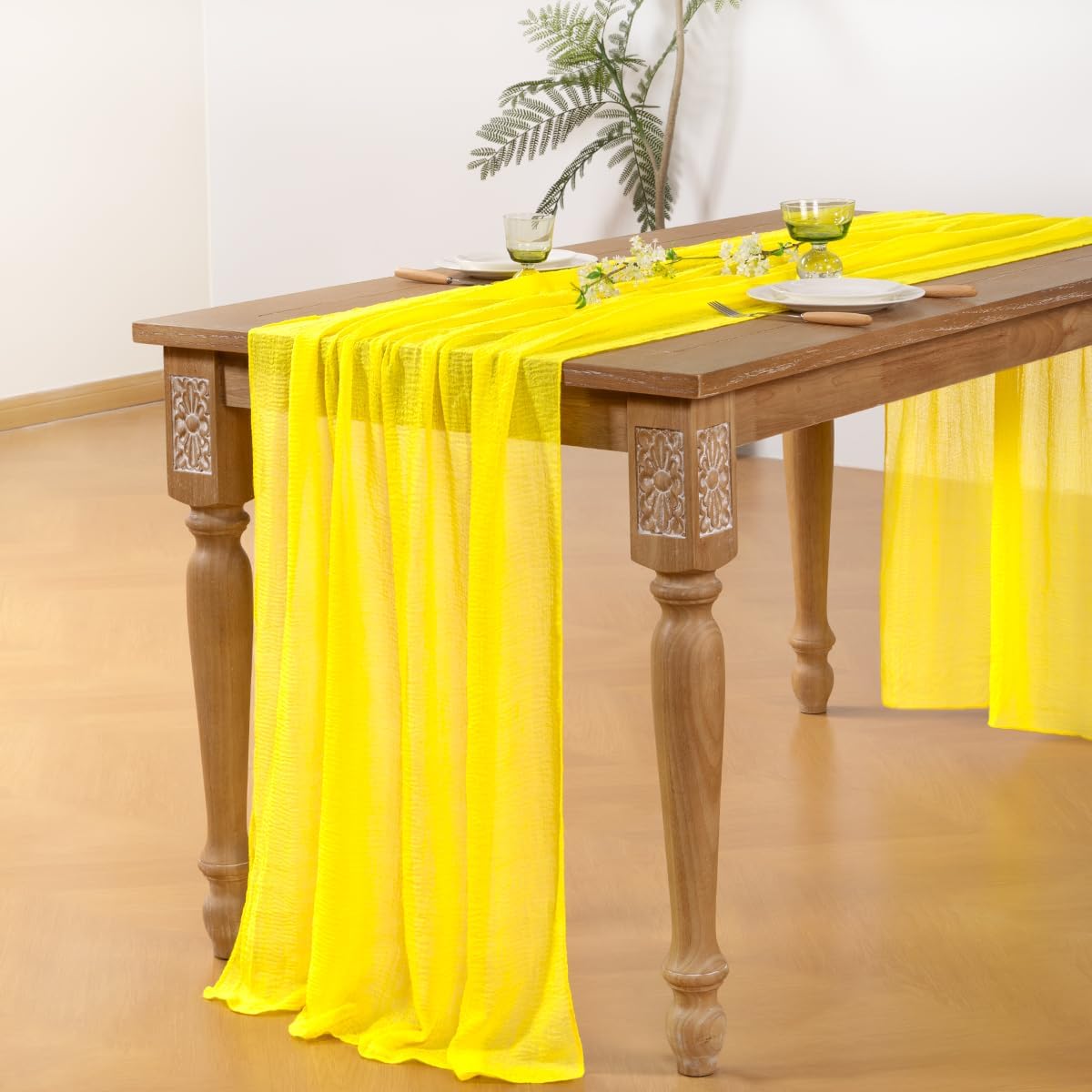 Lemon Yellow Cheesecloth Table Runners 2 Pack Summer Runners | Boho Gauze Sheer Chiffon Table Decor 120Inch, for Wedding Party Bridal Baby Shower Birthday Home Outdoor