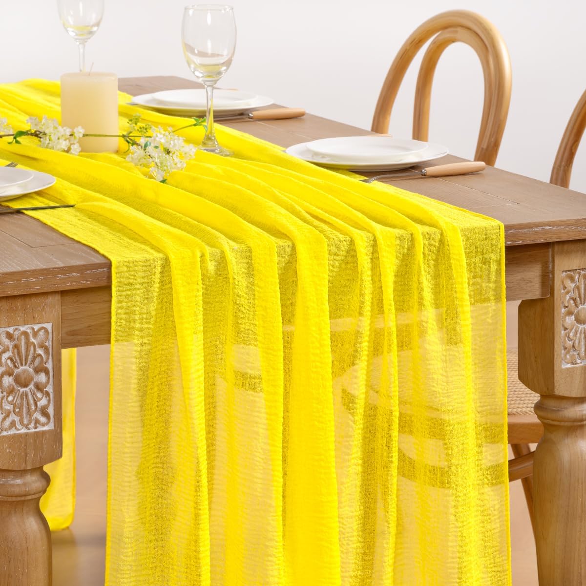 Lemon Yellow Cheesecloth Table Runners 2 Pack Summer Runners | Boho Gauze Sheer Chiffon Table Decor 120Inch, for Wedding Party Bridal Baby Shower Birthday Home Outdoor
