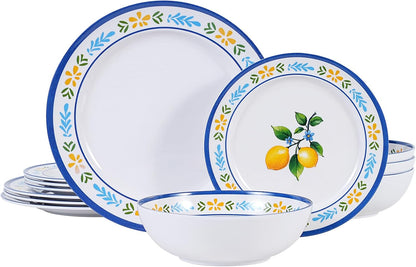 12-Piece Melamine Dinnerware Set - Unbreakable Lemon Dish Set， Indoor and Outdoor Plates and Bowls Sets for Housewarming, Birthday & Holiday Gifts， Service for 4 （Lemon）