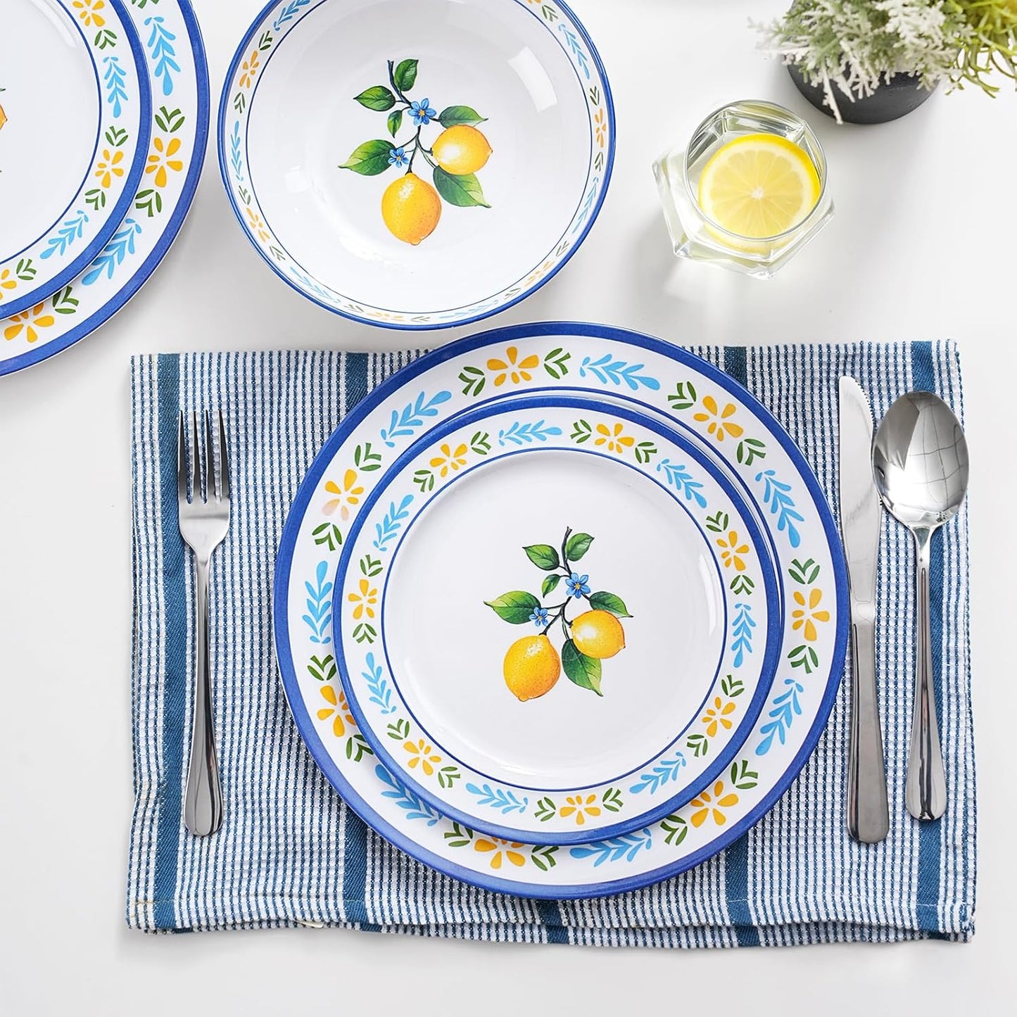 12-Piece Melamine Dinnerware Set - Unbreakable Lemon Dish Set， Indoor and Outdoor Plates and Bowls Sets for Housewarming, Birthday & Holiday Gifts， Service for 4 （Lemon）