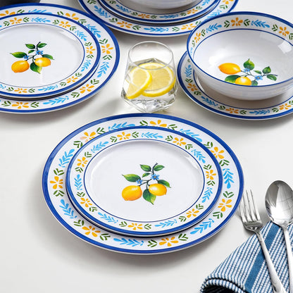 12-Piece Melamine Dinnerware Set - Unbreakable Lemon Dish Set， Indoor and Outdoor Plates and Bowls Sets for Housewarming, Birthday & Holiday Gifts， Service for 4 （Lemon）