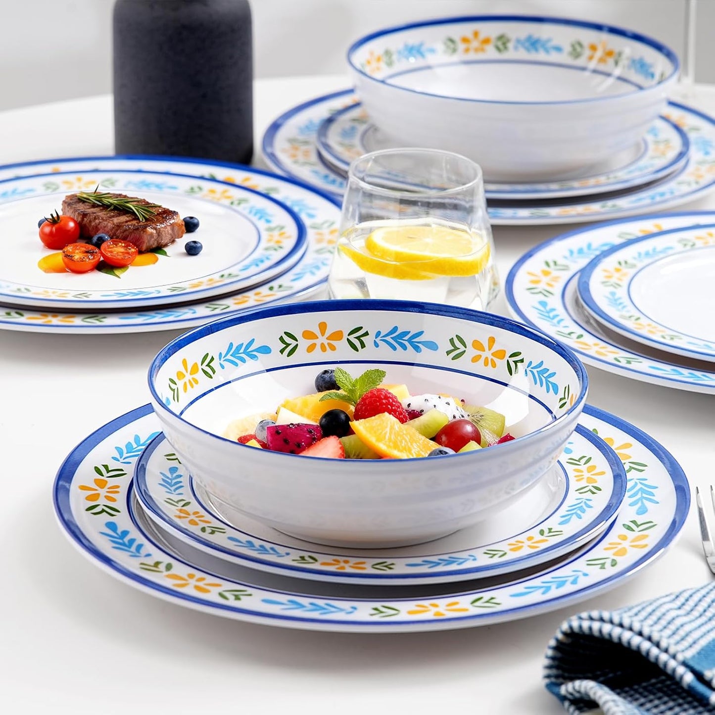 12-Piece Melamine Dinnerware Set - Unbreakable Lemon Dish Set， Indoor and Outdoor Plates and Bowls Sets for Housewarming, Birthday & Holiday Gifts， Service for 4 （Lemon）
