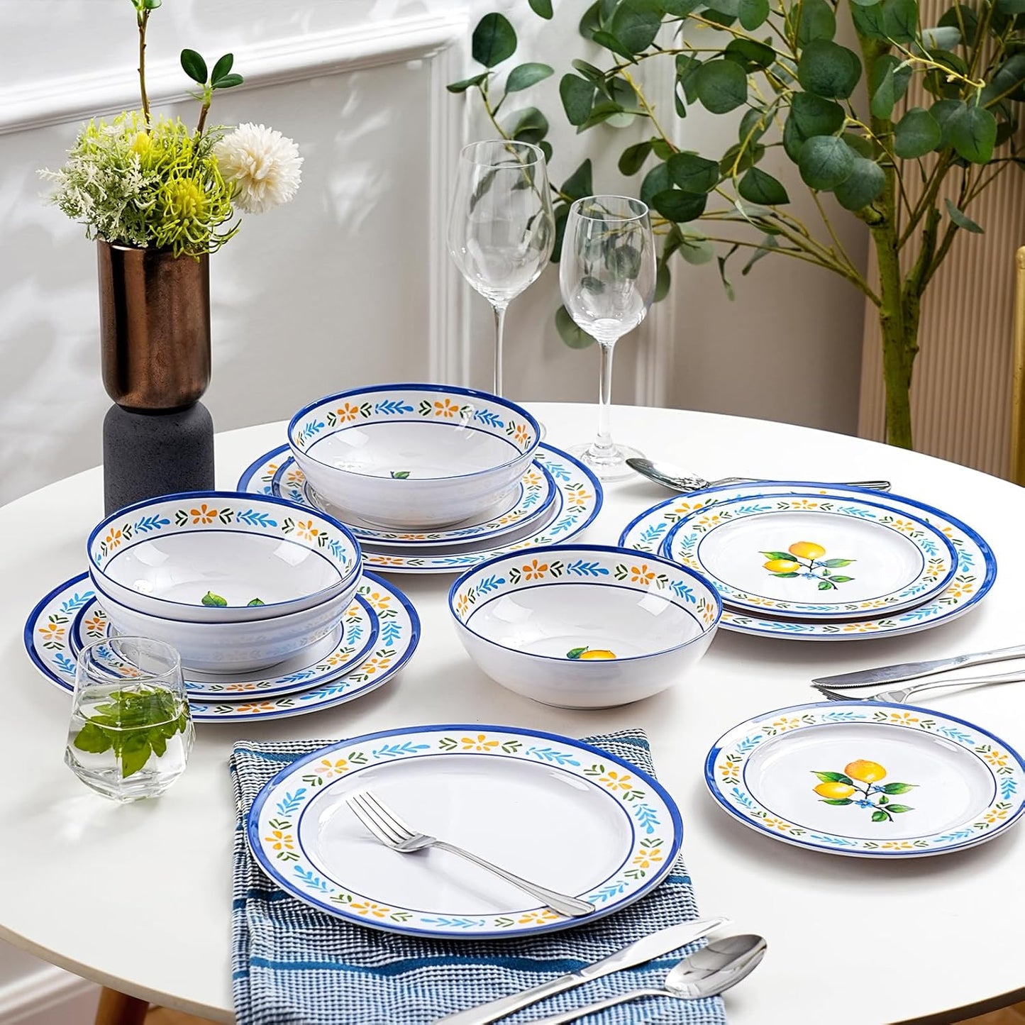 12-Piece Melamine Dinnerware Set - Unbreakable Lemon Dish Set， Indoor and Outdoor Plates and Bowls Sets for Housewarming, Birthday & Holiday Gifts， Service for 4 （Lemon）