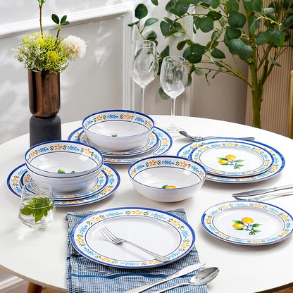 12-Piece Melamine Dinnerware Set - Unbreakable Lemon Dish Set， Indoor and Outdoor Plates and Bowls Sets for Housewarming, Birthday & Holiday Gifts， Service for 4 （Lemon）