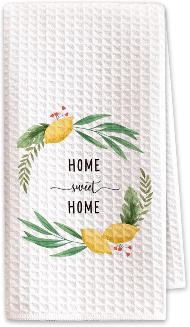 Home Sweet Home Lemon Kitchen Towels, Decorative Dish Towels for Kitchen, Farmhouse Fruit Hand Towels, Housewarming Gifts for Women, Waffle Weave Tea Towel