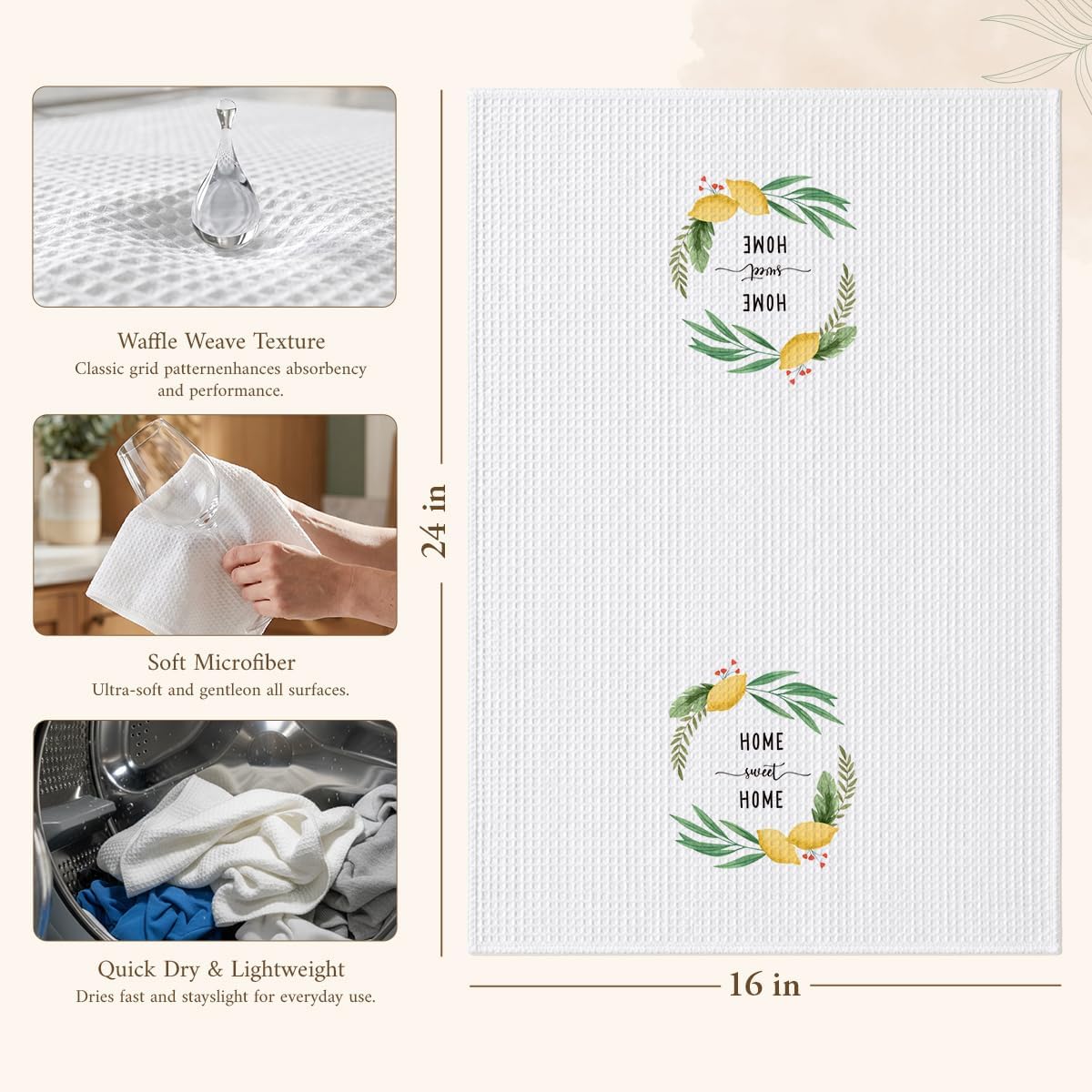Home Sweet Home Lemon Kitchen Towels, Decorative Dish Towels for Kitchen, Farmhouse Fruit Hand Towels, Housewarming Gifts for Women, Waffle Weave Tea Towel