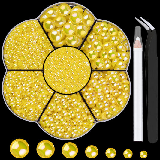 6000 Pcs Flat Back Nail Pearls Kits 30 Pearls for Bedazzling Nail Decor | Mixed Sizes Lemon Yellow AB Small Pearls for Nails Pearls for Crafting Graduation Cap Decorations Body Face Craft Salon Use