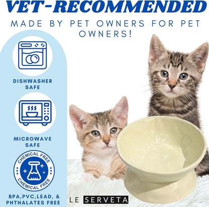 Ceramic Raised Cat Bowl, Elevated Pet Food Bowl for Small Dog, Cute Cat Dish Tilted, Whisker Fatigue, Wrinkle Texture (Yellow)