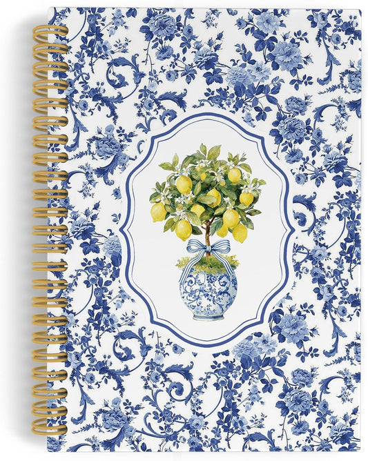 Chinoiserie Floral Lemon Spiral Notebook Journal, Summer Cottagecore Flower Lemon Notebooks for Note Taking, Blue and White Floral Hardcover Spiral Journal 5.5x8.3 Inches