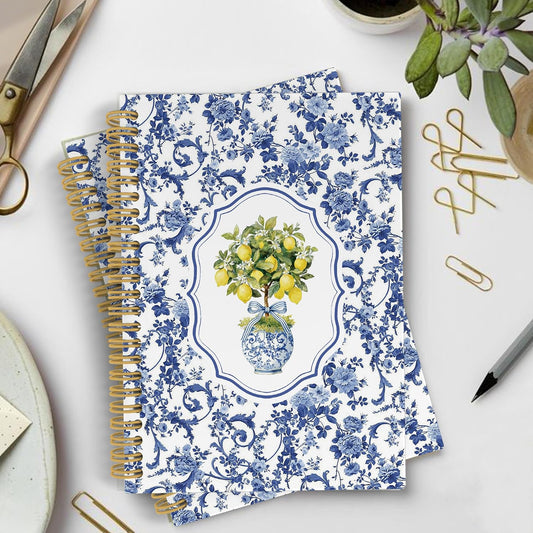 Chinoiserie Floral Lemon Spiral Notebook Journal, Summer Cottagecore Flower Lemon Notebooks for Note Taking, Blue and White Floral Hardcover Spiral Journal 5.5x8.3 Inches