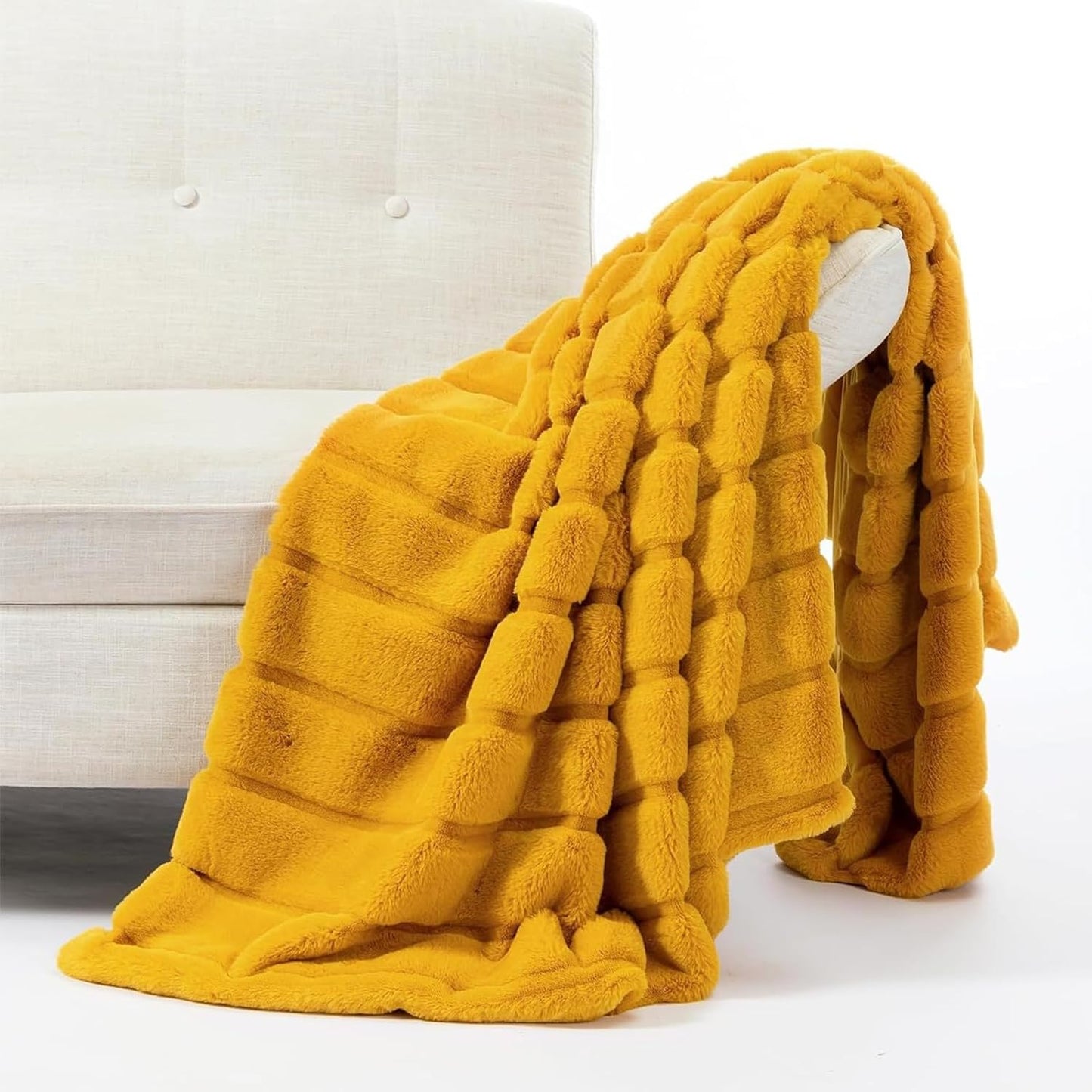 Faux Fur Throw Blanket for Couch, Cozy Soft Fluffy Blanket, Winter Thick Warm Blanket for Sofa Bedroom Living Room(Yellow,51 * 63in)