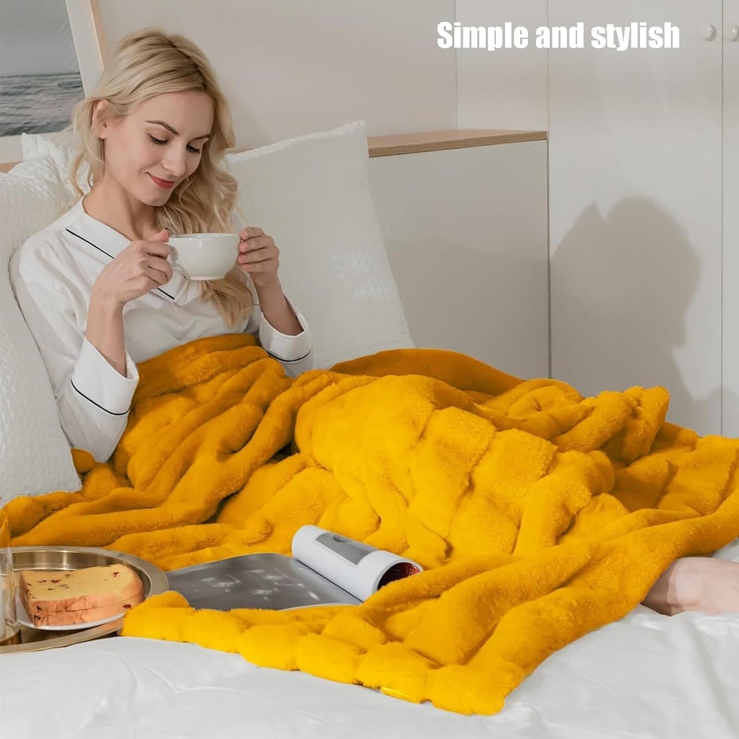 Faux Fur Throw Blanket for Couch, Cozy Soft Fluffy Blanket, Winter Thick Warm Blanket for Sofa Bedroom Living Room(Yellow,51 * 63in)