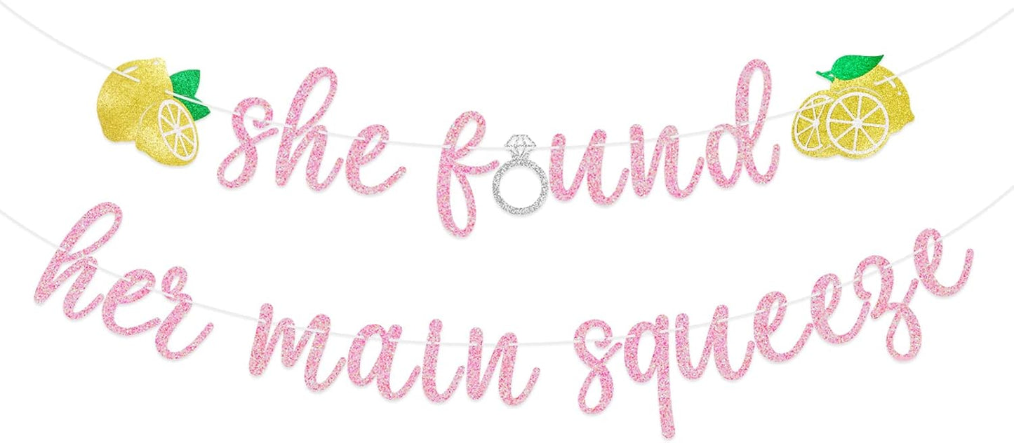 She Found Her Main Squeeze Banner, Rose Glitter | Lemon Themed Bridal Shower Decorations, Bachelorette Party Sign, Wedding Engagement Party Supplies