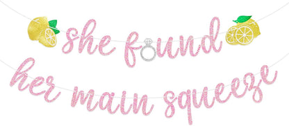 She Found Her Main Squeeze Banner, Rose Glitter | Lemon Themed Bridal Shower Decorations, Bachelorette Party Sign, Wedding Engagement Party Supplies
