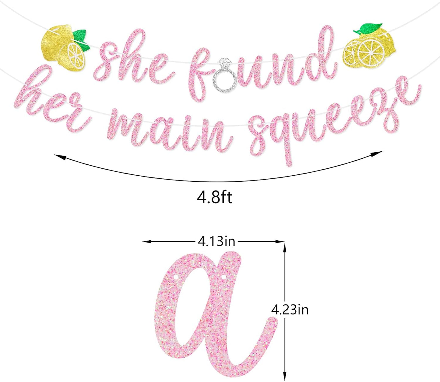 She Found Her Main Squeeze Banner, Rose Glitter | Lemon Themed Bridal Shower Decorations, Bachelorette Party Sign, Wedding Engagement Party Supplies