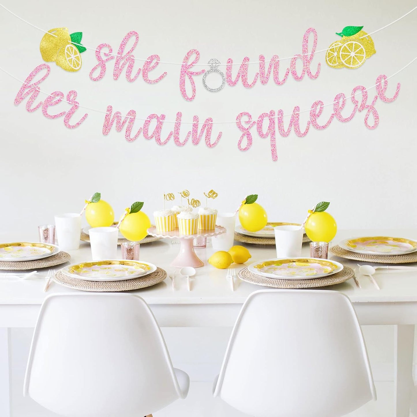 She Found Her Main Squeeze Banner, Rose Glitter | Lemon Themed Bridal Shower Decorations, Bachelorette Party Sign, Wedding Engagement Party Supplies