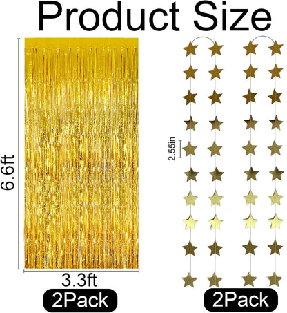 4 Pack Gold Decorations 2 Pcs Streamers and 2 Pcs Garlands Tinsel Curtain Party Backdrop Foil Fringe Birthday Photo Booth Streamer Backdrop Gold Theme Bachelorette Decorations