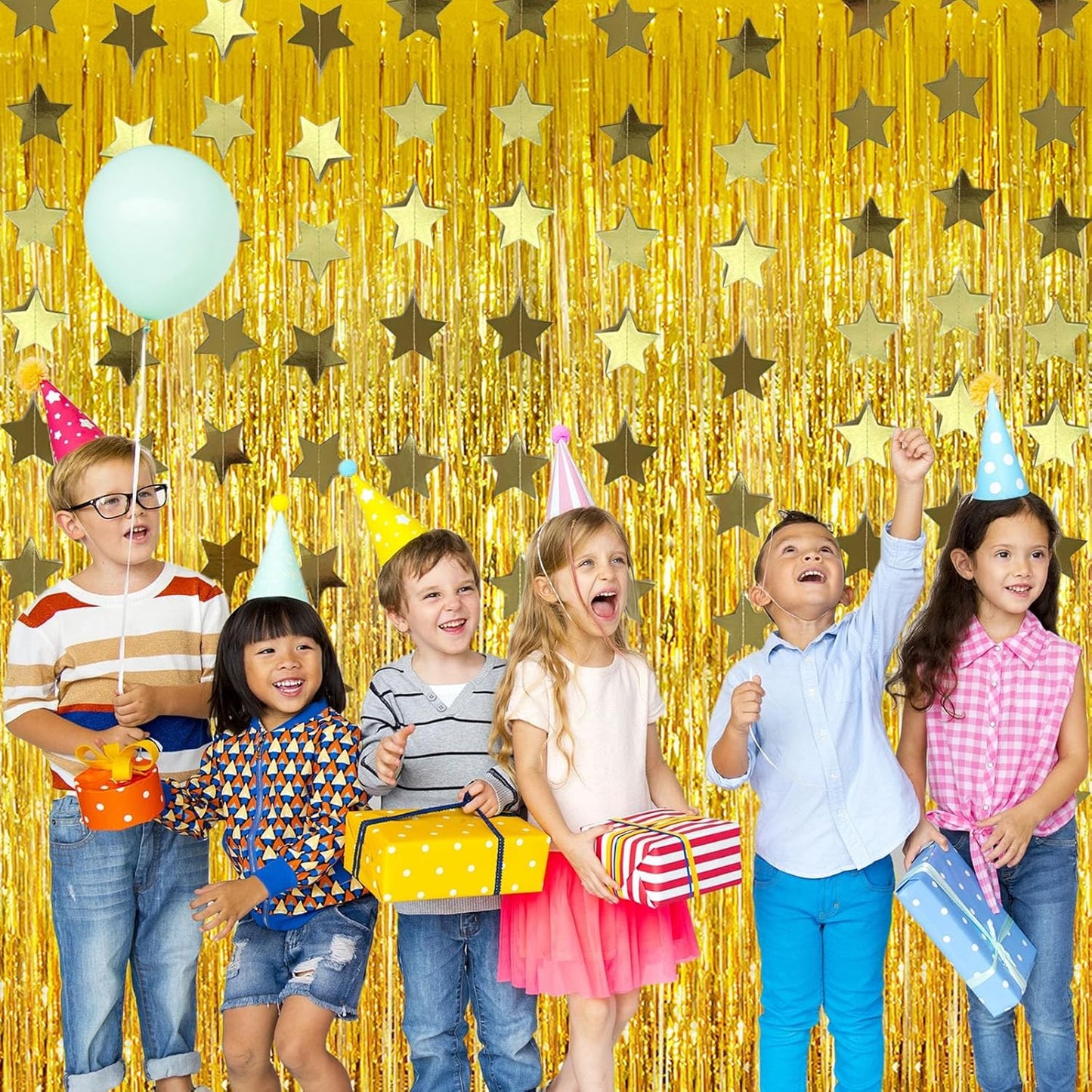 4 Pack Gold Decorations 2 Pcs Streamers and 2 Pcs Garlands Tinsel Curtain Party Backdrop Foil Fringe Birthday Photo Booth Streamer Backdrop Gold Theme Bachelorette Decorations