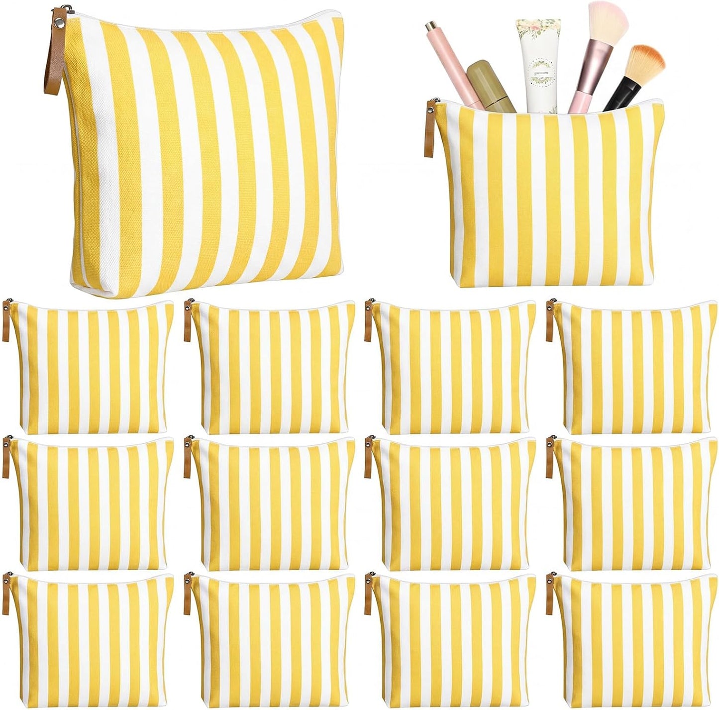 12 Pcs Yellow Striped Makeup Bags Bulk | Canvas Cosmetic Bag Travel Toiletry Organizer Zipper Pouch Bags for Women Bridemaids Party Favors