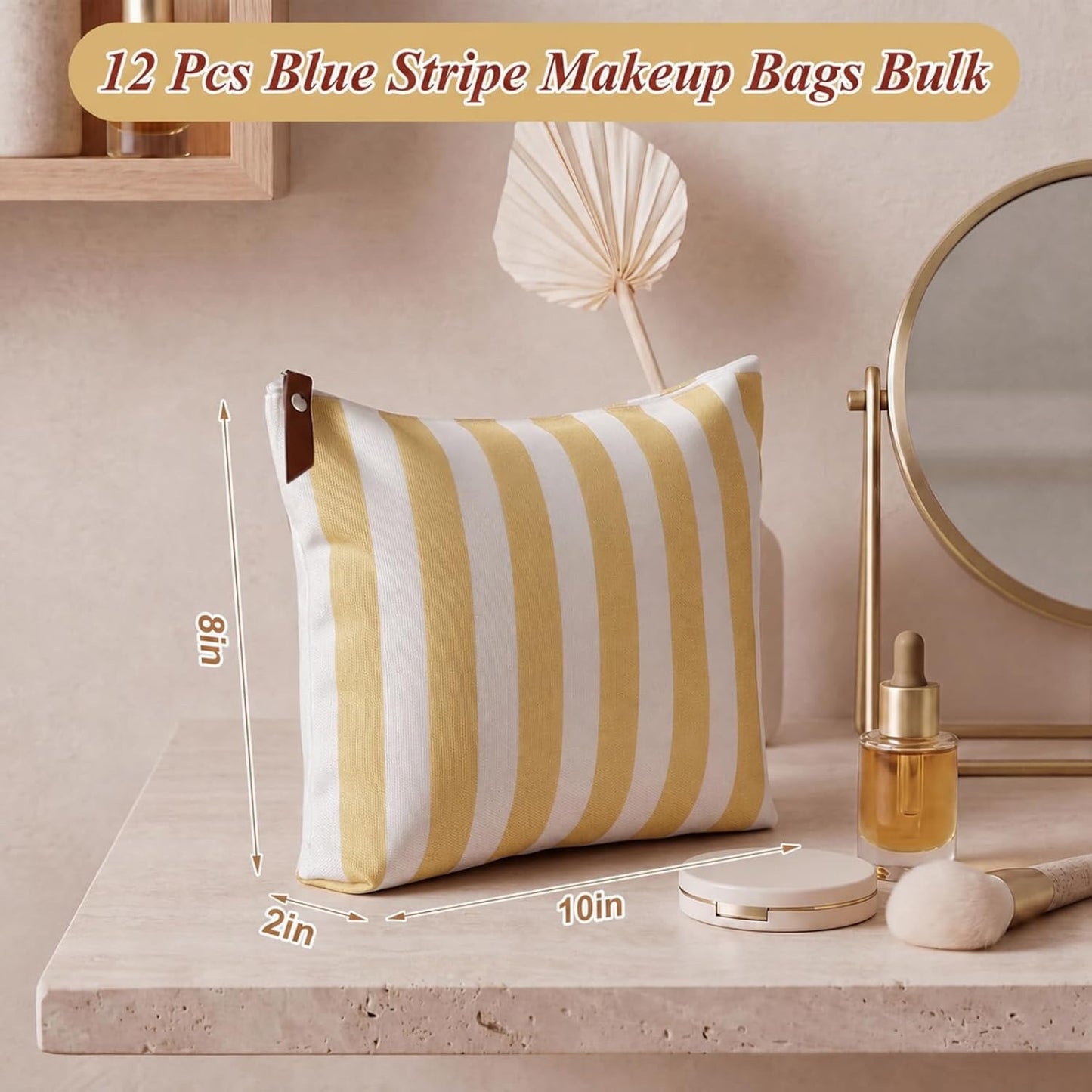 12 Pcs Yellow Striped Makeup Bags Bulk | Canvas Cosmetic Bag Travel Toiletry Organizer Zipper Pouch Bags for Women Bridemaids Party Favors