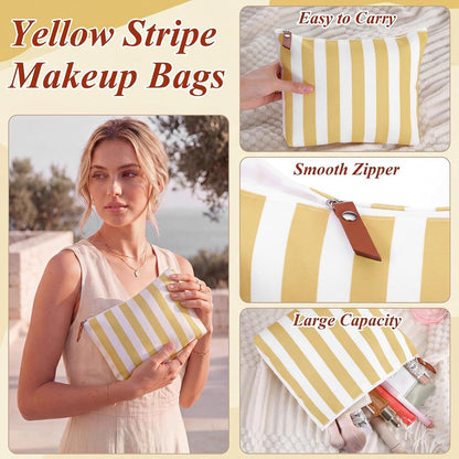 12 Pcs Yellow Striped Makeup Bags Bulk | Canvas Cosmetic Bag Travel Toiletry Organizer Zipper Pouch Bags for Women Bridemaids Party Favors