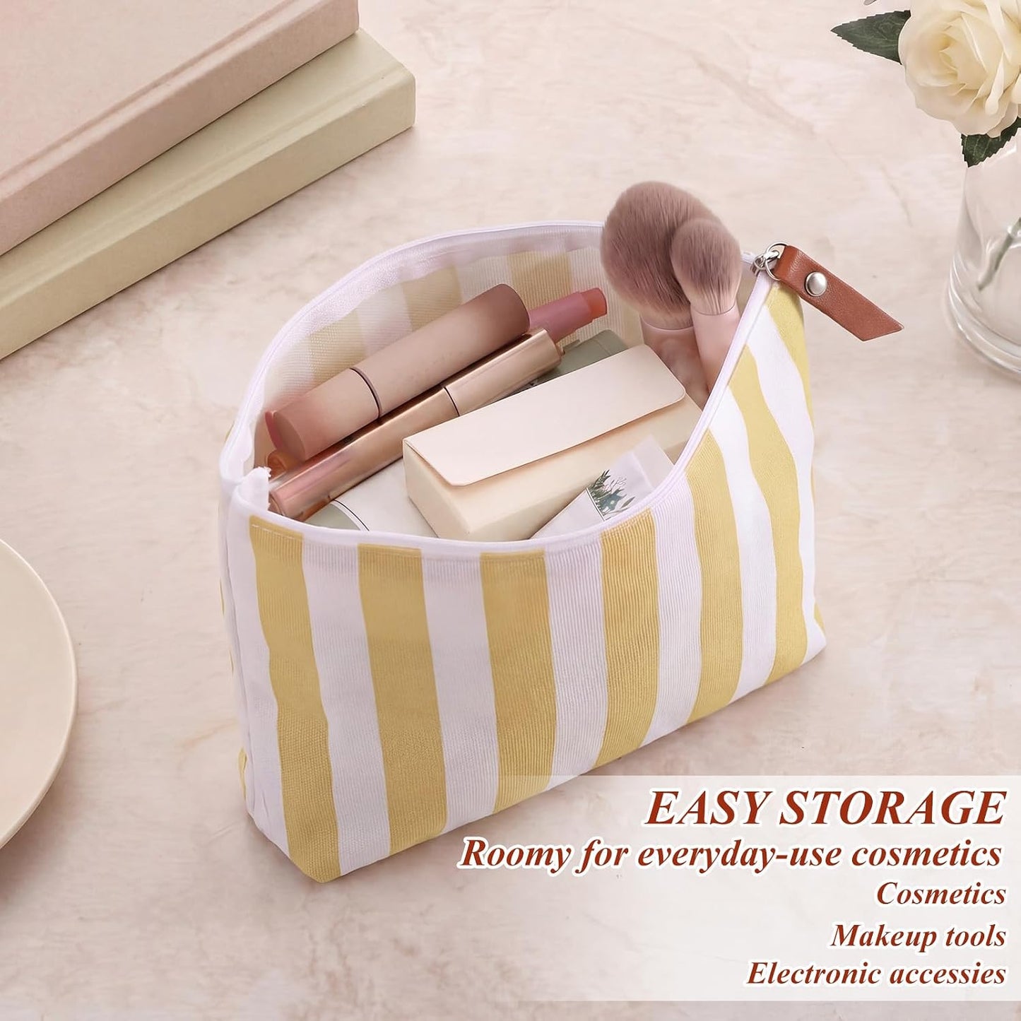 12 Pcs Yellow Striped Makeup Bags Bulk | Canvas Cosmetic Bag Travel Toiletry Organizer Zipper Pouch Bags for Women Bridemaids Party Favors