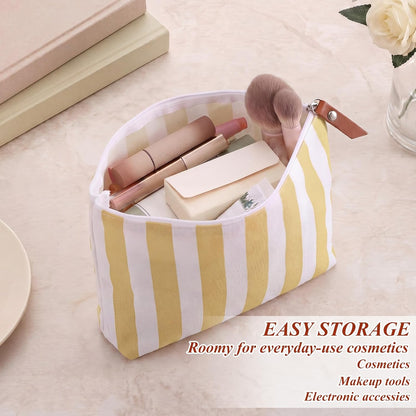 12 Pcs Yellow Striped Makeup Bags Bulk | Canvas Cosmetic Bag Travel Toiletry Organizer Zipper Pouch Bags for Women Bridemaids Party Favors