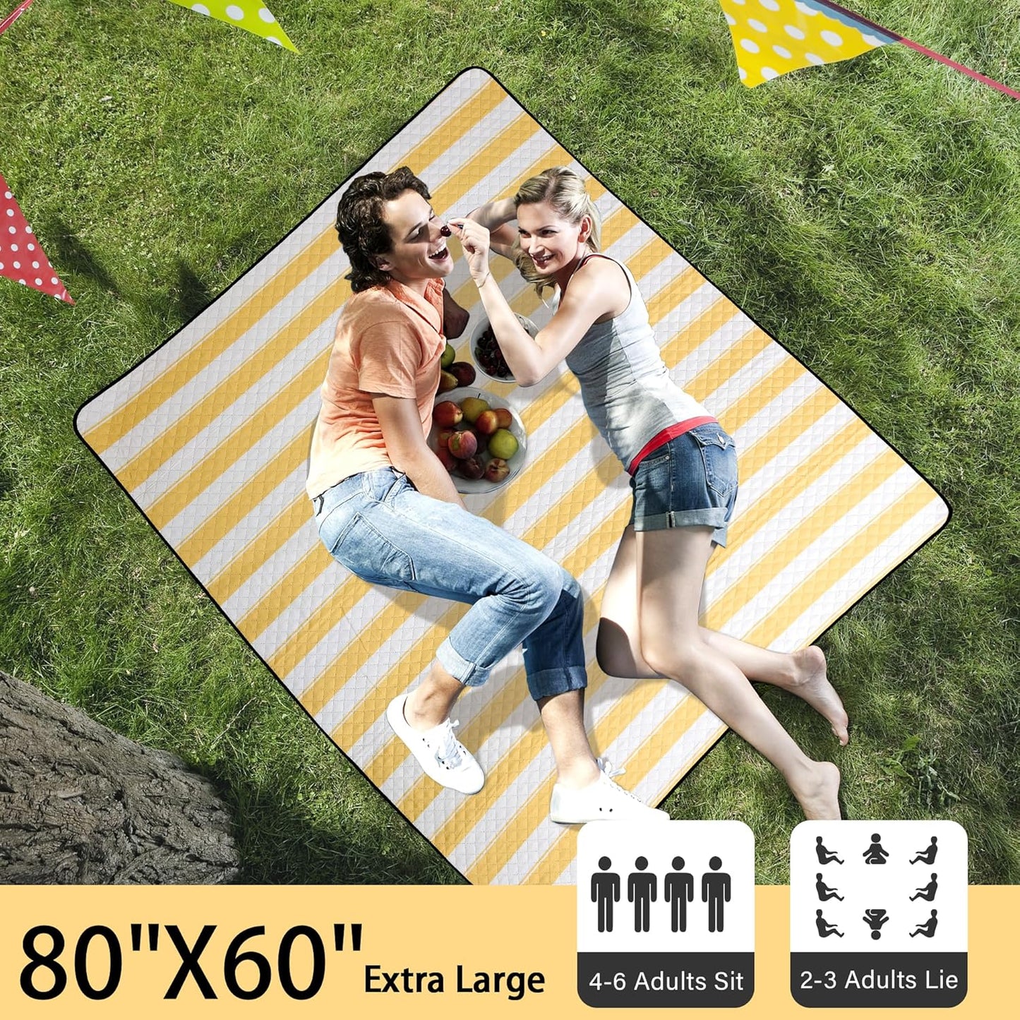 Extra Large Picnic Outdoor Blanket, 80”x60” Waterproof Picnic Mat Foldable Camping Blanket Portable with Carry Strap for Beach Mat Outdoor Camping Party(Yellow)
