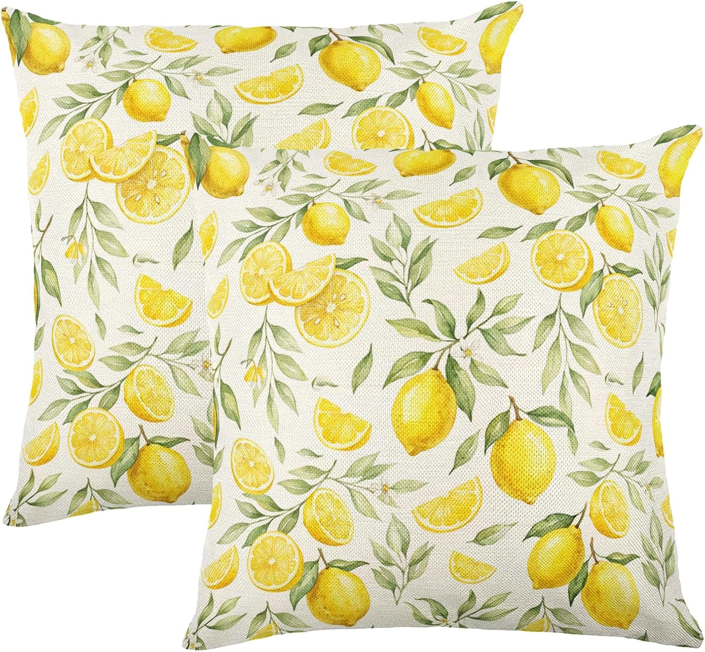 White Base Watercolor Yellow Lemon Linen Throw Pillow Cover 18x18 Inch Fresh Farmhouse Decor, No Pillow Insert