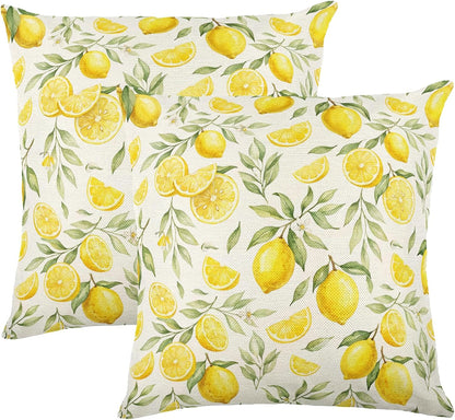 White Base Watercolor Yellow Lemon Linen Throw Pillow Cover 18x18 Inch Fresh Farmhouse Decor, No Pillow Insert