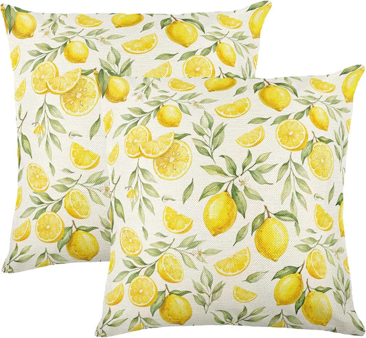 White Base Watercolor Yellow Lemon Linen Throw Pillow Cover 18x18 Inch Fresh Farmhouse Decor, No Pillow Insert