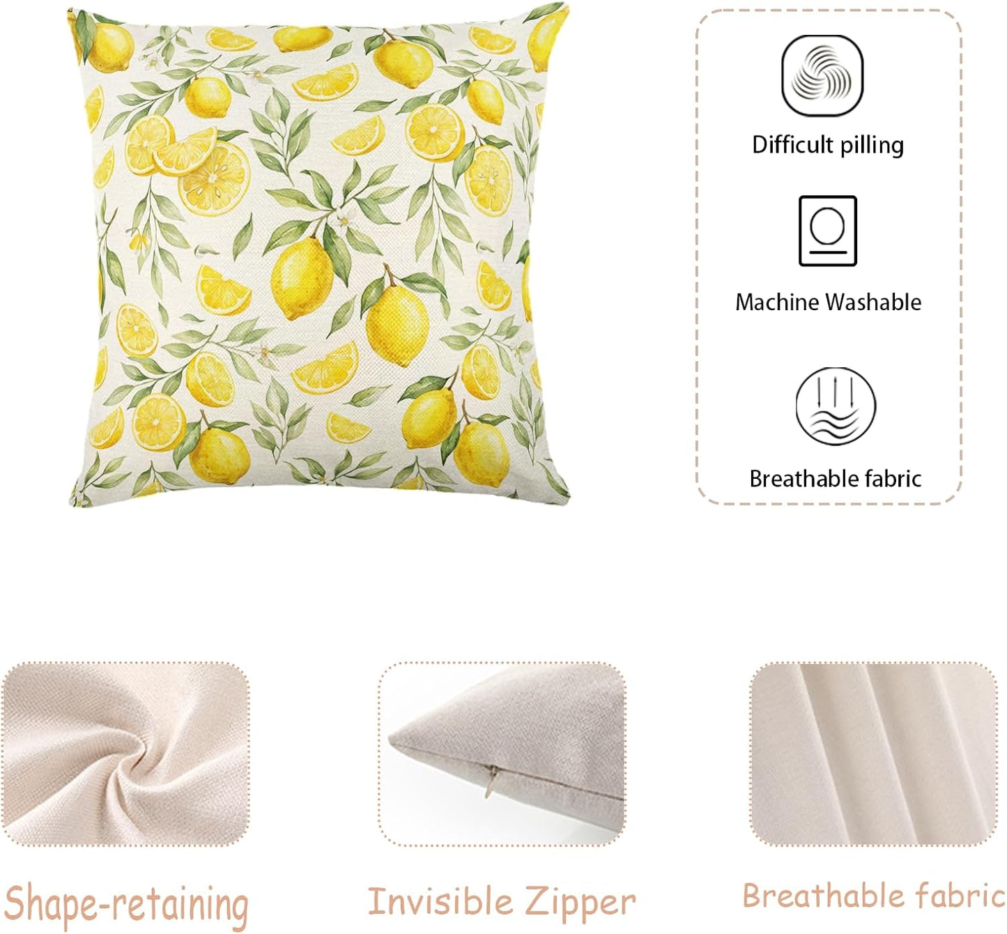 White Base Watercolor Yellow Lemon Linen Throw Pillow Cover 18x18 Inch Fresh Farmhouse Decor, No Pillow Insert