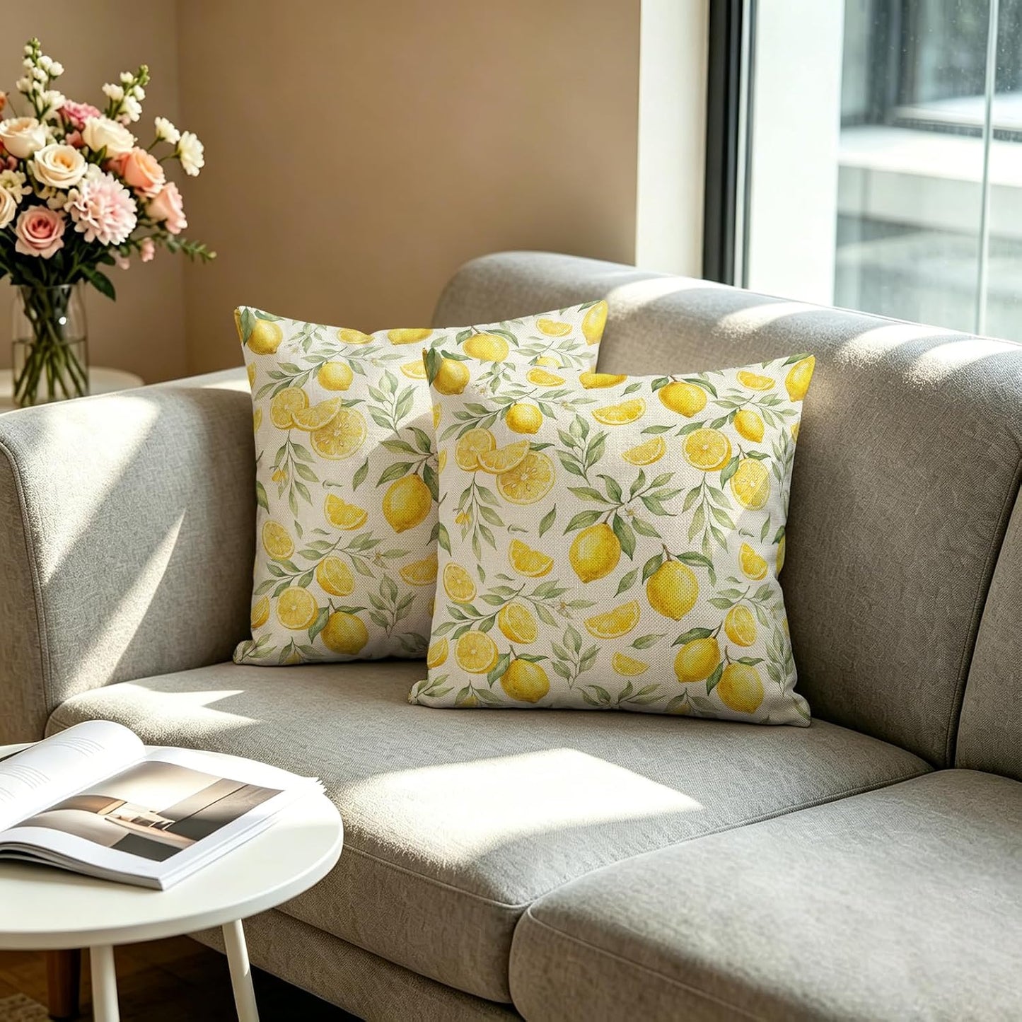 White Base Watercolor Yellow Lemon Linen Throw Pillow Cover 18x18 Inch Fresh Farmhouse Decor, No Pillow Insert