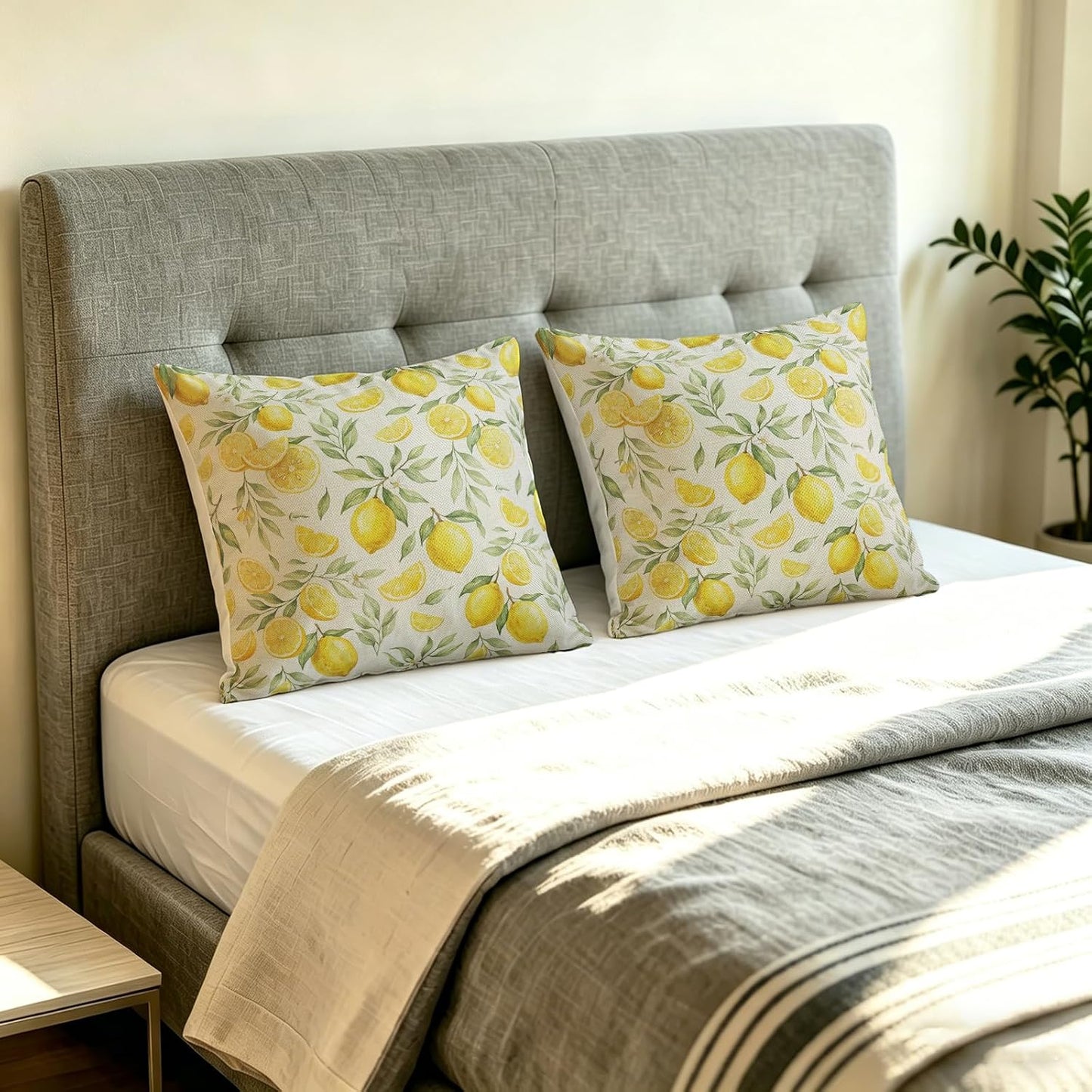 White Base Watercolor Yellow Lemon Linen Throw Pillow Cover 18x18 Inch Fresh Farmhouse Decor, No Pillow Insert