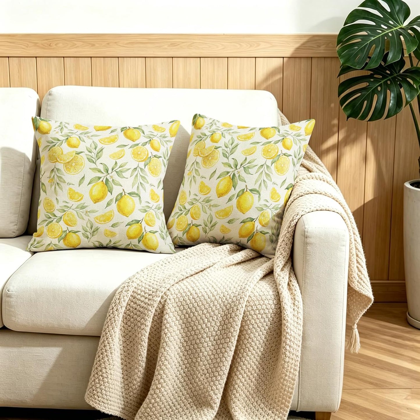 White Base Watercolor Yellow Lemon Linen Throw Pillow Cover 18x18 Inch Fresh Farmhouse Decor, No Pillow Insert