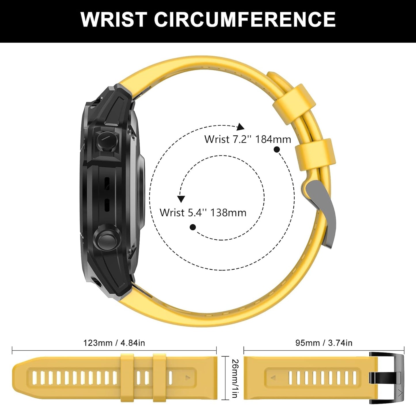Compatible with Garmin Fenix 7X/Fenix 6X/Fenix 5X Watch Band | 26mm Width Soft Silicone Watch Strap for Garmin Fenix 5X/Fenix 5X Plus/Fenix 6X/Fenix 6X Pro/Fenix 7X Smartwatch (Yellow)