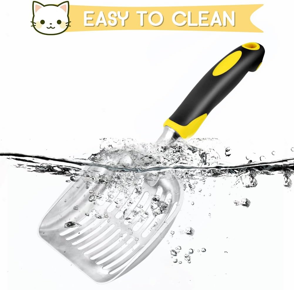 Cat Litter Scoop, Metal Cat Scooper, Rubber Handle Scoop, Sifting Shovel for Christmas – Heavy Duty Aluminum Alloy Litter Box Scoop with Deep Mesh, Design for Easy Waste Removal and Cleaning(Yellow)
