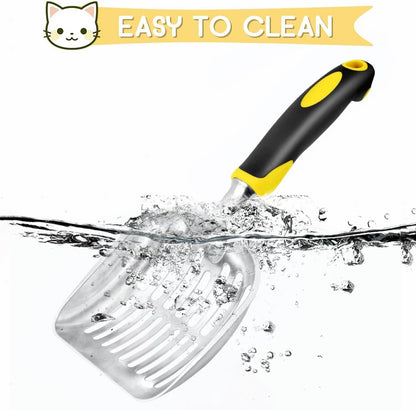 Cat Litter Scoop, Metal Cat Scooper, Rubber Handle Scoop, Sifting Shovel for Christmas – Heavy Duty Aluminum Alloy Litter Box Scoop with Deep Mesh, Design for Easy Waste Removal and Cleaning(Yellow)