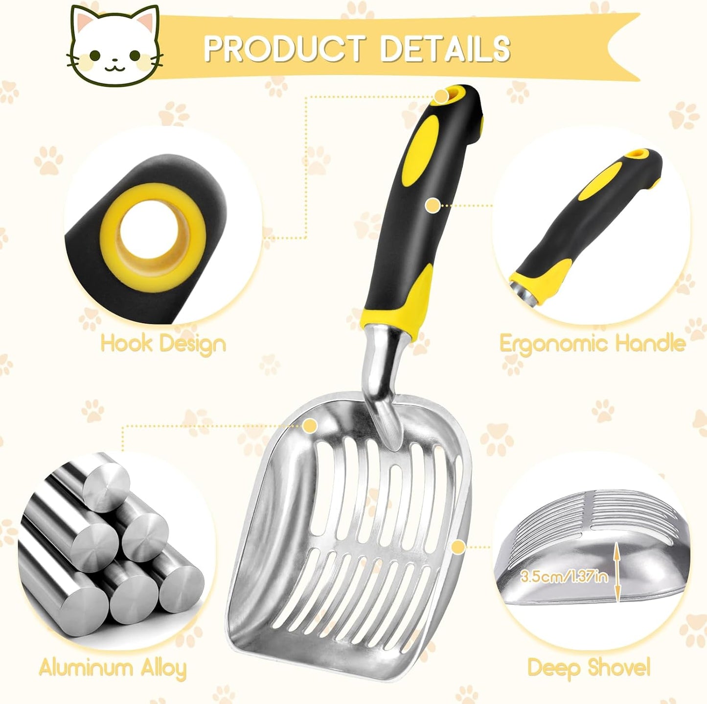 Cat Litter Scoop, Metal Cat Scooper, Rubber Handle Scoop, Sifting Shovel for Christmas – Heavy Duty Aluminum Alloy Litter Box Scoop with Deep Mesh, Design for Easy Waste Removal and Cleaning(Yellow)
