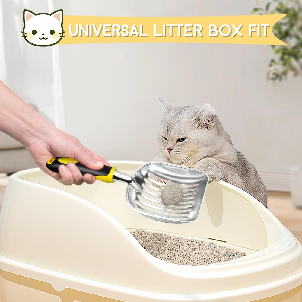 Cat Litter Scoop, Metal Cat Scooper, Rubber Handle Scoop, Sifting Shovel for Christmas – Heavy Duty Aluminum Alloy Litter Box Scoop with Deep Mesh, Design for Easy Waste Removal and Cleaning(Yellow)