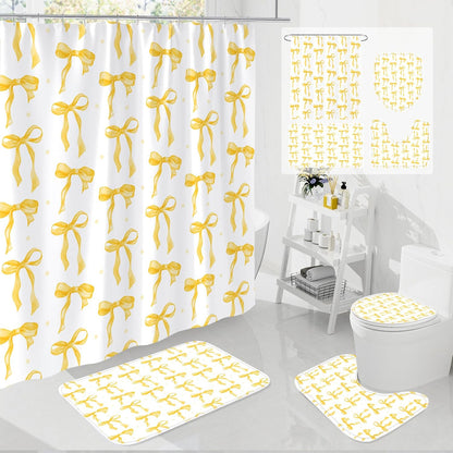 Litabel 4Pcs Cute Yellow Bow Shower Curtain Sets with Rug, Toilet Lid Cover and Bath Mat, Aesthetic Bowknot Shower Curtains for Yellow Bathroom Decor, Modern Minimalist White Waterproof Bathroom Set