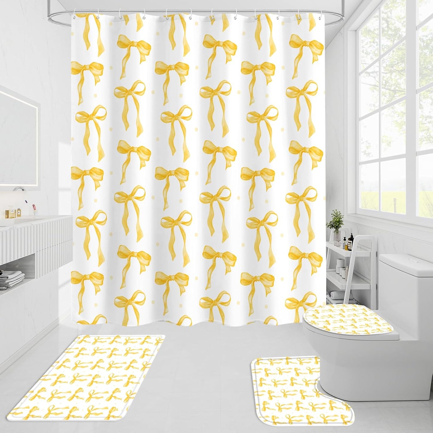 Litabel 4Pcs Cute Yellow Bow Shower Curtain Sets with Rug, Toilet Lid Cover and Bath Mat, Aesthetic Bowknot Shower Curtains for Yellow Bathroom Decor, Modern Minimalist White Waterproof Bathroom Set