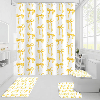 Litabel 4Pcs Cute Yellow Bow Shower Curtain Sets with Rug, Toilet Lid Cover and Bath Mat, Aesthetic Bowknot Shower Curtains for Yellow Bathroom Decor, Modern Minimalist White Waterproof Bathroom Set