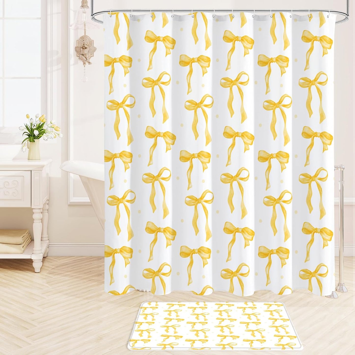 Litabel 4Pcs Cute Yellow Bow Shower Curtain Sets with Rug, Toilet Lid Cover and Bath Mat, Aesthetic Bowknot Shower Curtains for Yellow Bathroom Decor, Modern Minimalist White Waterproof Bathroom Set