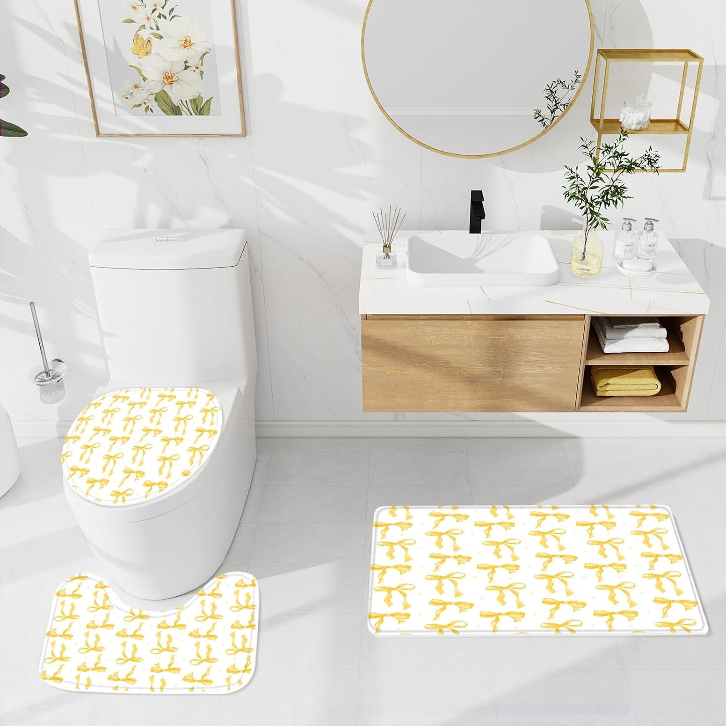 Litabel 4Pcs Cute Yellow Bow Shower Curtain Sets with Rug, Toilet Lid Cover and Bath Mat, Aesthetic Bowknot Shower Curtains for Yellow Bathroom Decor, Modern Minimalist White Waterproof Bathroom Set