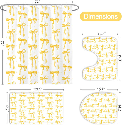 Litabel 4Pcs Cute Yellow Bow Shower Curtain Sets with Rug, Toilet Lid Cover and Bath Mat, Aesthetic Bowknot Shower Curtains for Yellow Bathroom Decor, Modern Minimalist White Waterproof Bathroom Set
