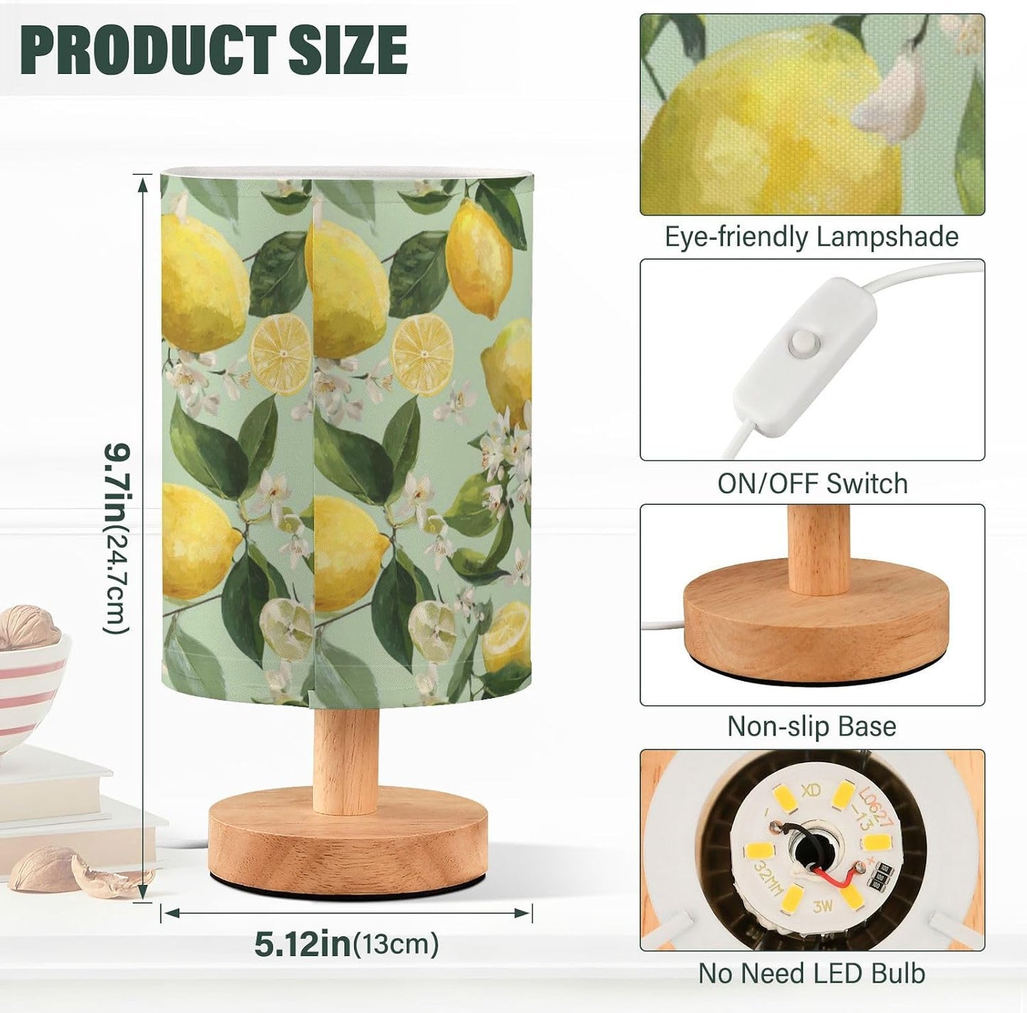 Bedside Table Lamp Lemon Yellow Citrus Fruits (47) Kids Nightstand Lamp Night Light Fabric Shade for Bedroom Living Room Home Office
