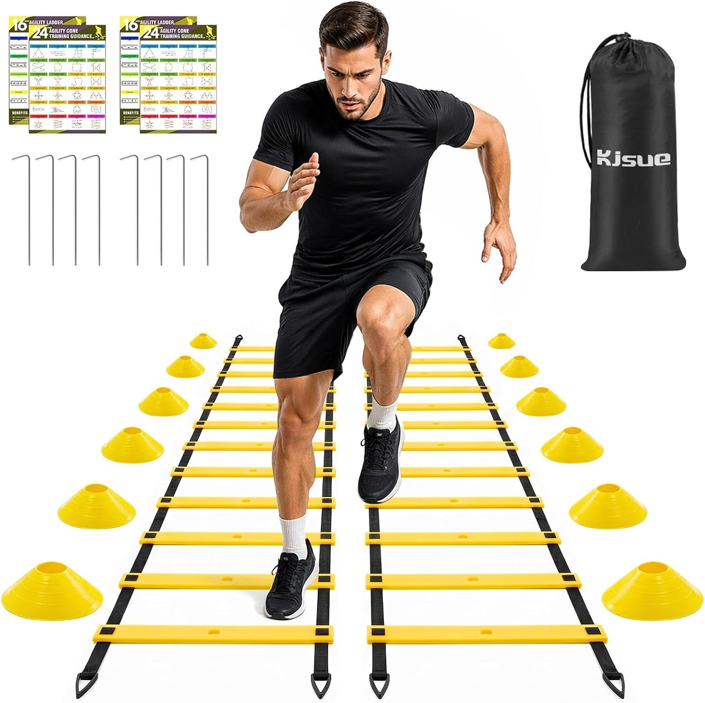 2 Pack 20ft Agility Ladder Set, 40ft Total Adjustable Speed Ladder with 12 Cones, 8 Stakes, 1 Carry Bag - Parallel Footwork Drills Gear for Football Soccer Basketball Training Equipment